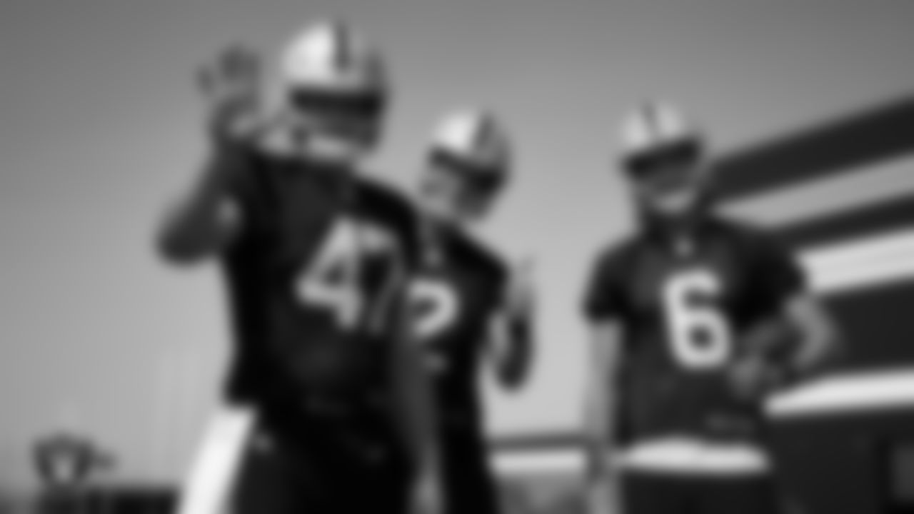 Las Vegas Raiders long snapper Trent Sieg (47), kicker Daniel Carlson (2) and punter AJ Cole (6) during practice at Intermountain Healthcare Performance Center.