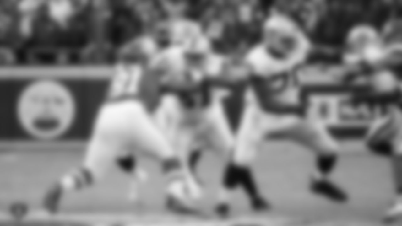 Oakland Raiders center Rodney Hudson (61) and guard/tackle Kelechi Osemele (70) during the Oakland Raiders regular season game against the Kansas City Chiefs at Arrowhead Stadium, Sunday, December 30, 2018, in Kansas City, Missouri. The Oakland Raiders lost 35-3.