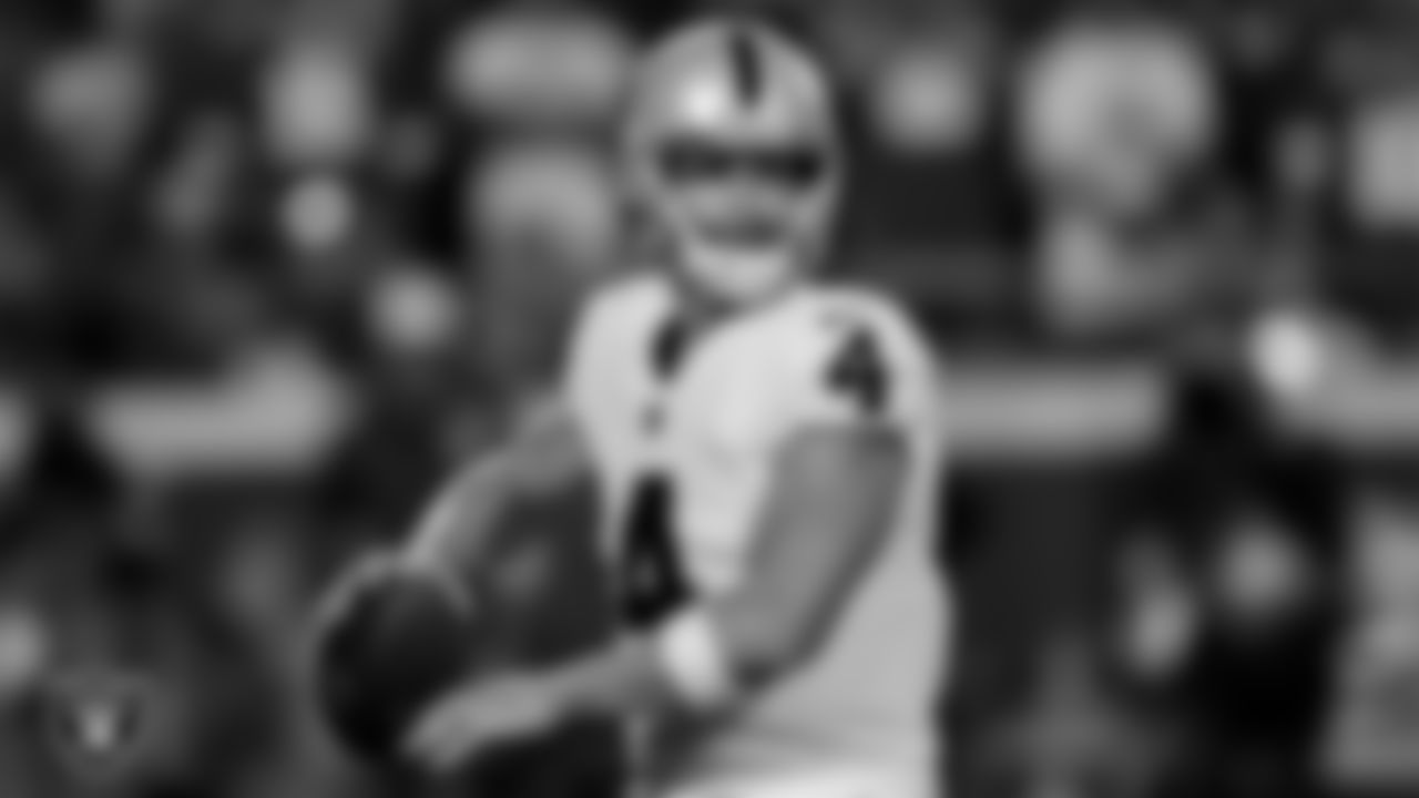 Las Vegas Raiders quarterback Derek Carr (4) during the regular season away game against the Kansas City Chiefs at GEHA Field at Arrowhead Stadium.