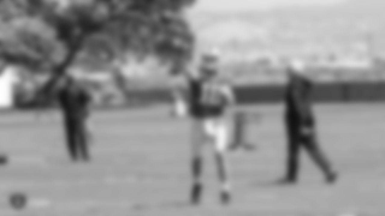 Oakland Raiders quarterback Connor Cook (18) on the field for a preseason practice at the Oakland Raiders Practice Facility, Monday, August 27, 2018, in Alameda, California.