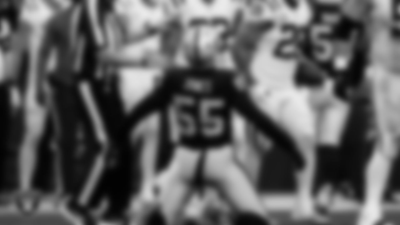 Las Vegas Raiders defensive end Chandler Jones (55) celebrates after making a tackle during the regular season home game against the Indianapolis Colts at Allegiant Stadium.