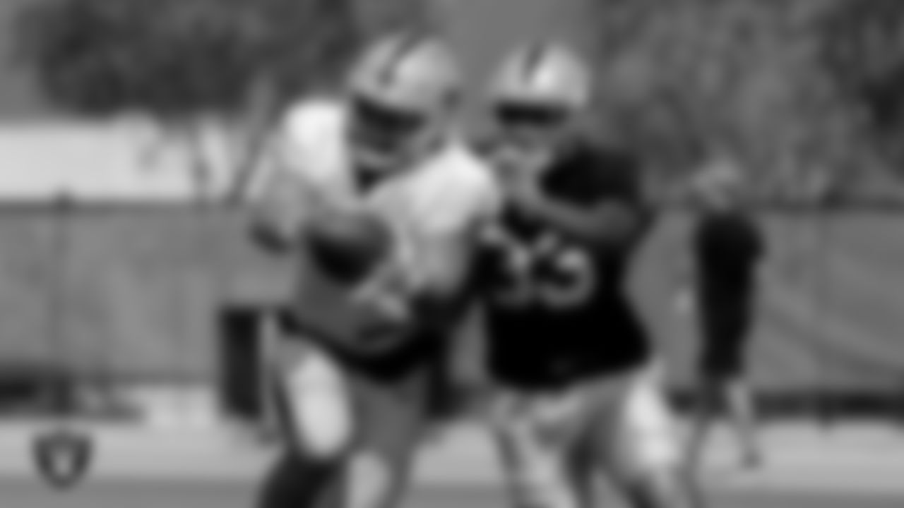 Las Vegas Raiders tight end Cole Fotheringham (85) and safety Roderic Teamer (33) during practice at Intermountain Healthcare Performance Center.