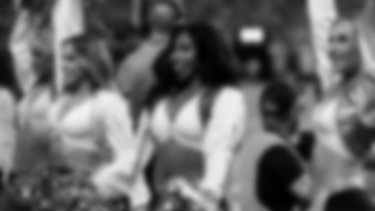 Raiderette Danielle on the sidelines during the regular season home game against the Green Bay Packers at Allegiant Stadium.