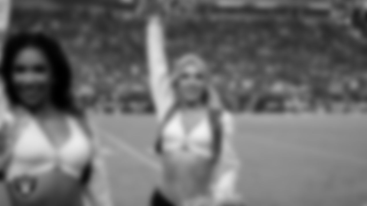 Raiderette Ashley on the sidelines during the regular season home game against the Green Bay Packers at Allegiant Stadium.