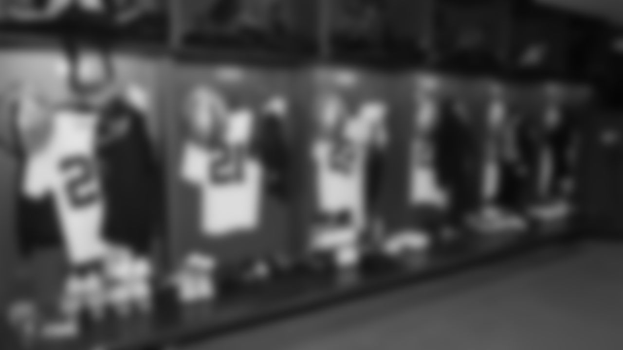 The Oakland Raiders locker room at Wembley Stadium before a walk through before their game against the Seattle Seahawks, Saturday, October 13, 2018, in London, England.