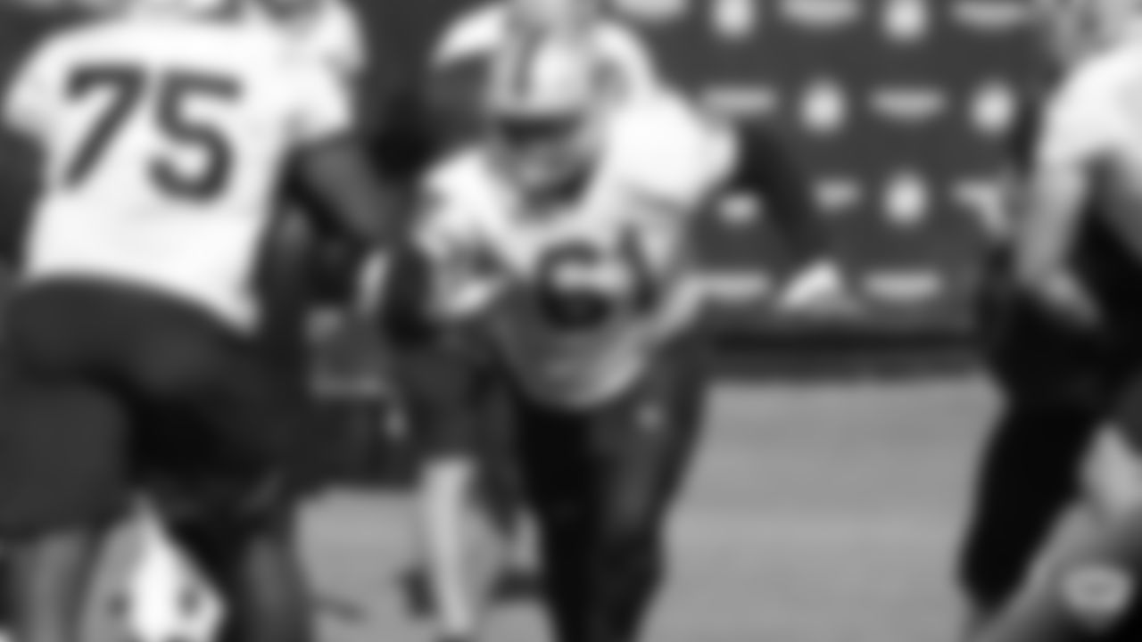 Oakland Raiders center Rodney Hudson (61) on the field for practice at 2019 Training Camp.