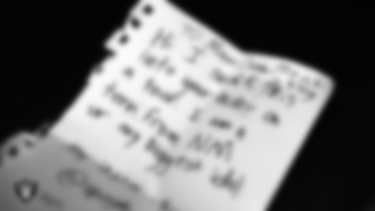 A note to defensive end Maxx Crosby (98) and long snapper Trent Sieg (47) from a fan in the locker room prior to the Raiders' arrival for their regular season home game against the Los Angeles Chargers at Allegiant Stadium.