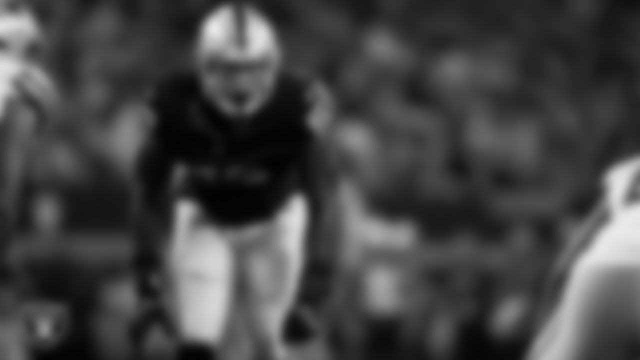 Las Vegas Raiders defensive end Adam Plant (52) lines up before the snap during the preseason away game against the Dallas Cowboys at AT&T Stadium.