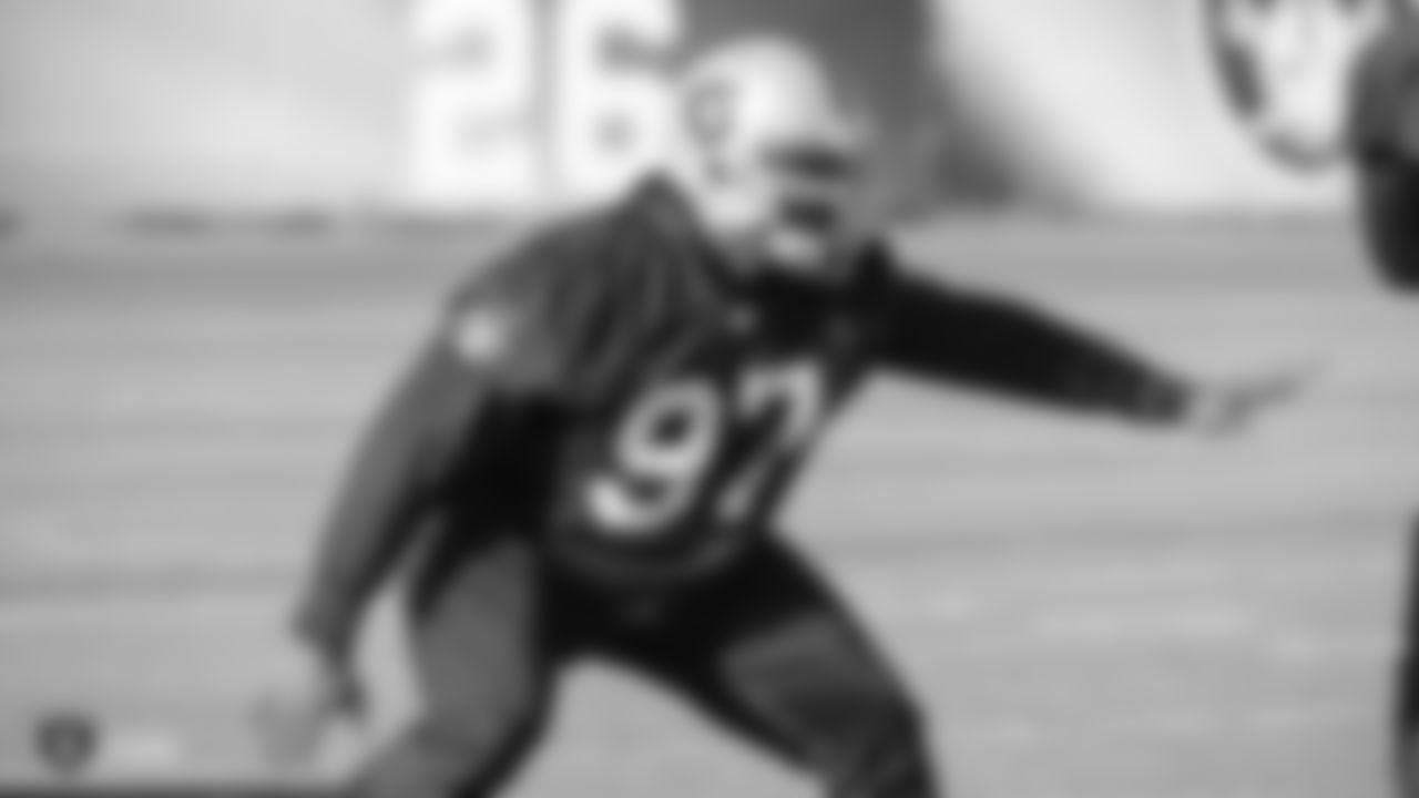 Oakland Raiders defensive tackle Clinton McDonald (97) on the field for practice at the Oakland Raiders Practice Facility, Thursday, December 13, 2018, in Alameda, California.