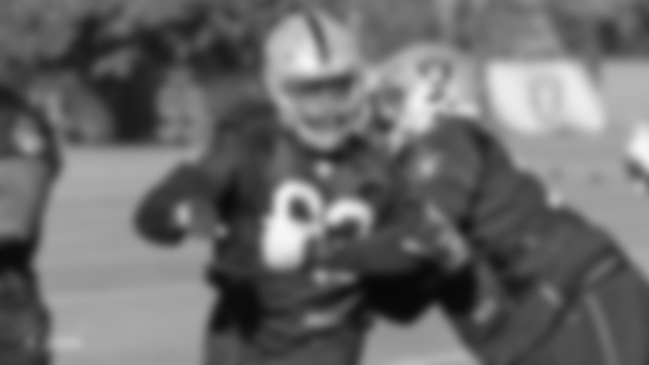 Oakland Raiders defensive tackle P.J. Hall (92) on the field for practice at the Oakland Raiders Practice Facility, Thursday, December 13, 2018, in Alameda, California.