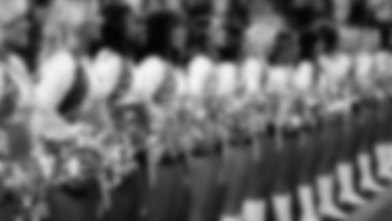 Raiderette Makenna P. during the national anthem before the regular season home game against the Green Bay Packers at Allegiant Stadium.