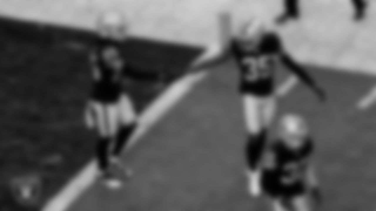 Las Vegas Raiders safety Tre'von Moehrig (25) and cornerback Brandon Facyson (35) during the regular season home game against the Cincinnati Bengals.
