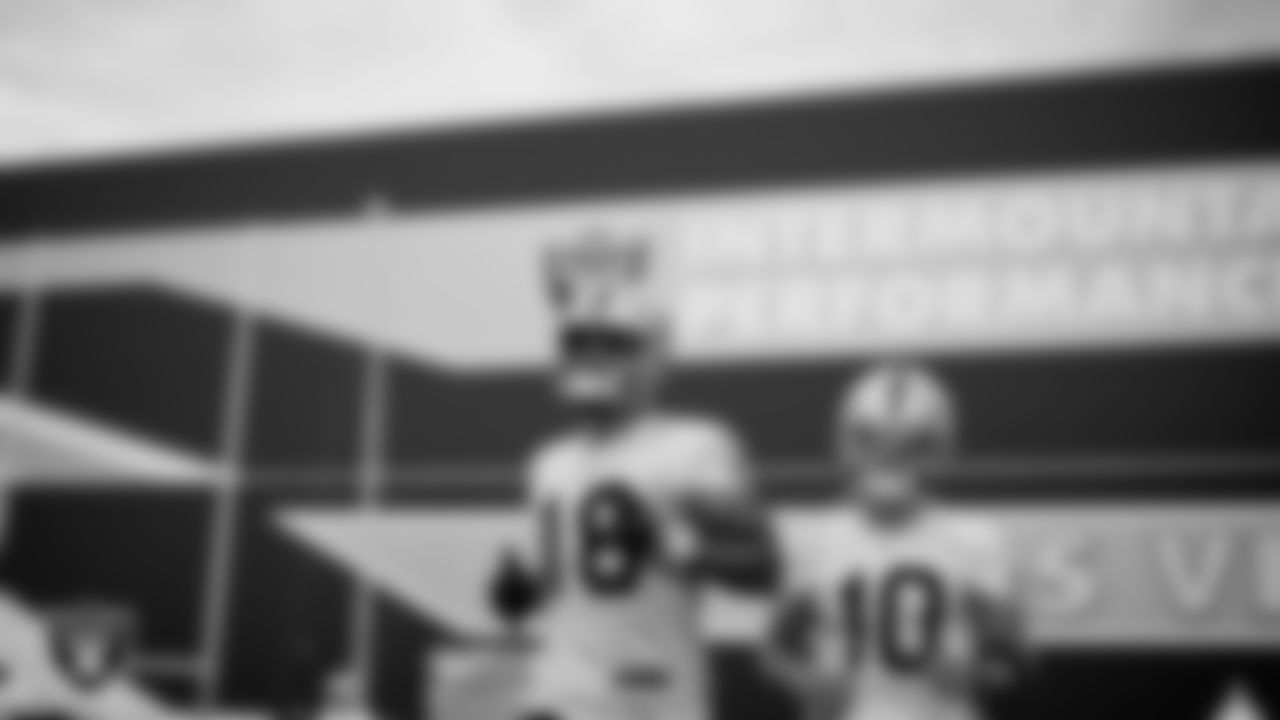 Las Vegas Raiders wide receiver Keelan Doss (18) and wide receiver Caleb Scott (10) on the field for practice at 2021 Training Camp.