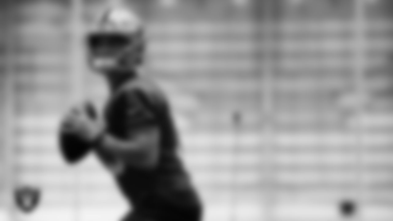 Las Vegas Raiders quarterback Chase Garbers (15) on the field for practice at 2022 Training Camp at Intermountain Healthcare Performance Center.