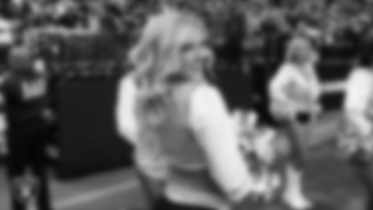 Raiderette Kennedy on the sidelines during the regular season home game against the Los Angeles Chargers at Allegiant Stadium.