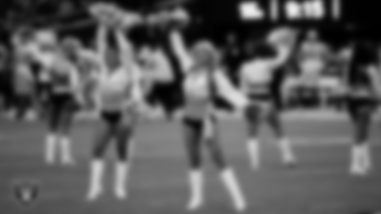 Raiderette Pip during player introductions before the regular season home game against the Green Bay Packers at Allegiant Stadium.