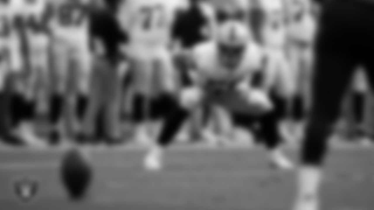 Las Vegas linebacker Luke Masterson (59) lines up before a kickoff during the regular season away game against the Tennessee Titans at Nissan Stadium.