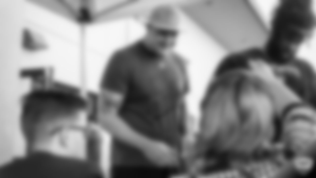 Oakland Raiders tackle Tyler Roemer (76) arrives for 2019 Training Camp.