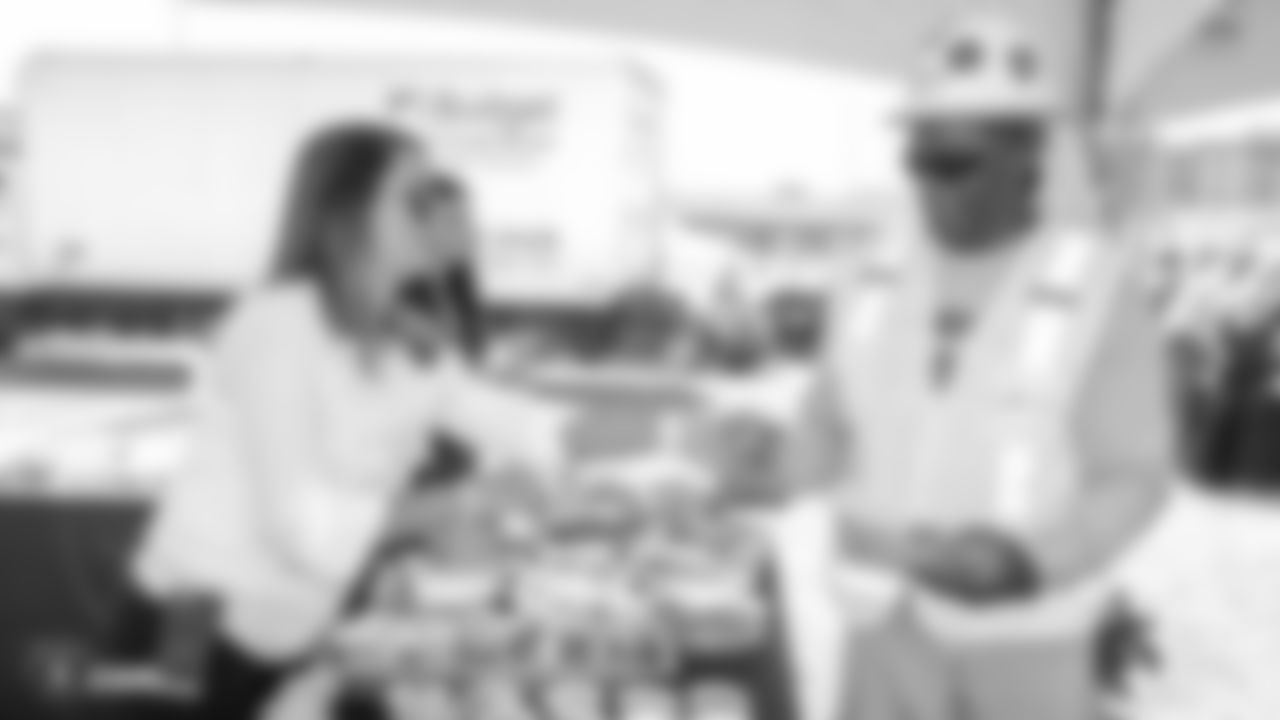 Raiders owner Mark Davis, president Marc Badain, and staff members from the Raiders front office spend the day with construction workers of the Las Vegas Stadium worksite by handing out lunches and sharing a meal, Thursday, September 27, 2018, at the Las Vegas Stadium worksite in Las Vegas, Nevada.