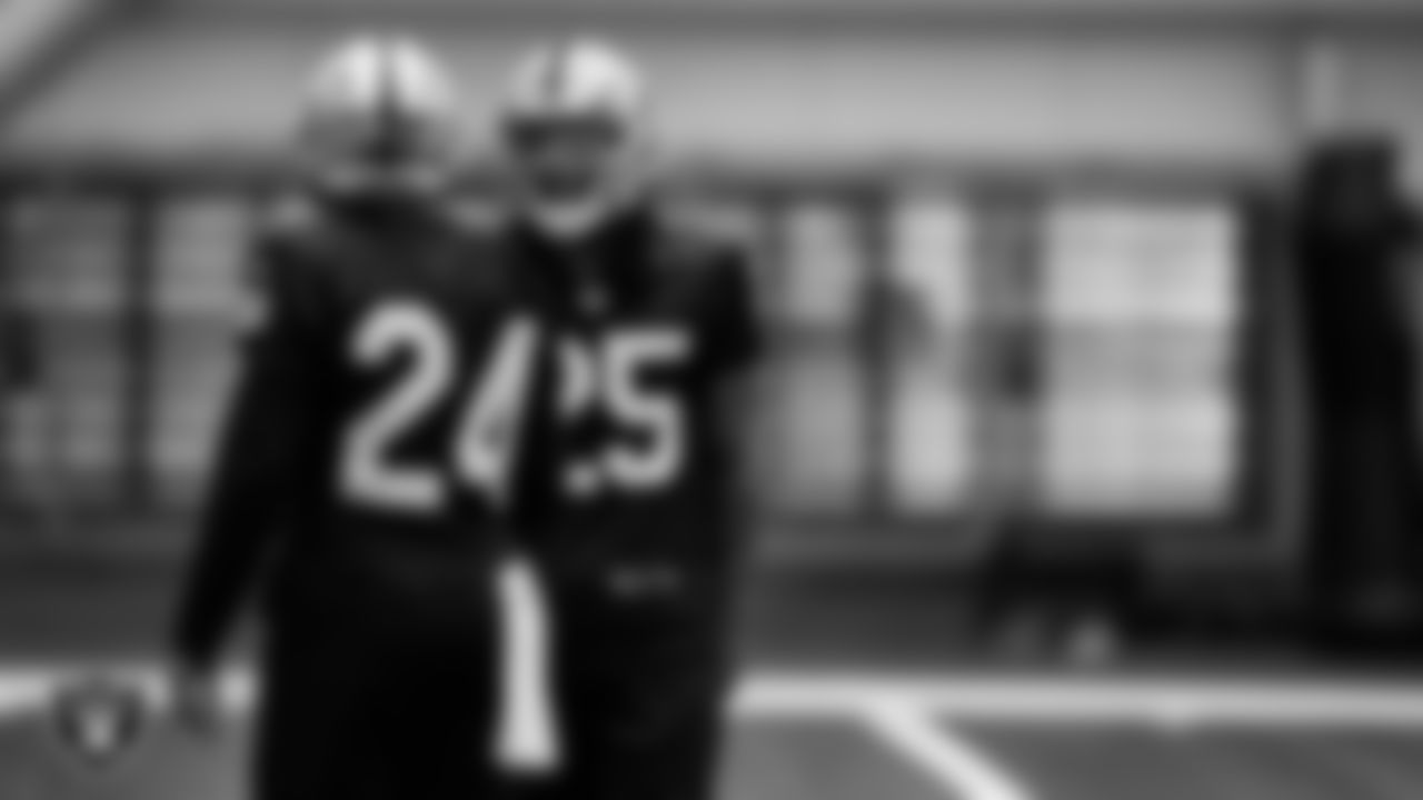 Las Vegas Raiders safety Johnathan Abram (24) and safety Tre'von Moehrig (25) on the field for practice at 2022 Training Camp at Intermountain Healthcare Performance Center.