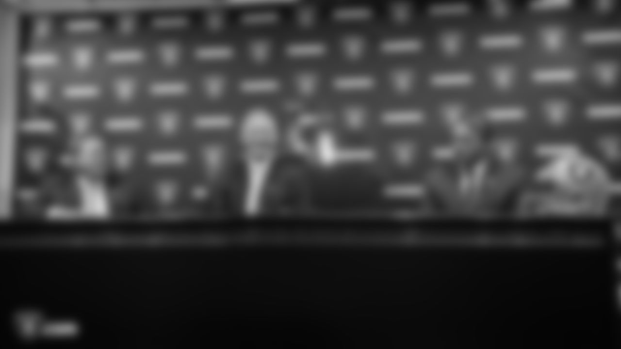 Oakland Raiders owner Mark Davis and head coach Jon Gruden introduce Mike Mayock as the general manager of the Oakland Raiders at a press conference, Monday, December 31, 2018, in Alameda, California.