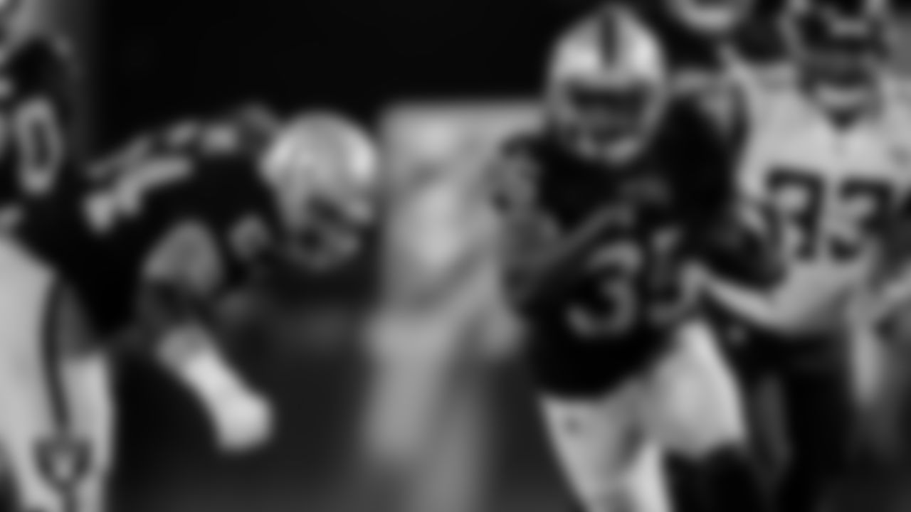 Las Vegas Raiders running back Zamir White (35) during the Hall of Fame Game against the Jacksonville Jaguars at Tom Benson Hall of Fame Stadium.