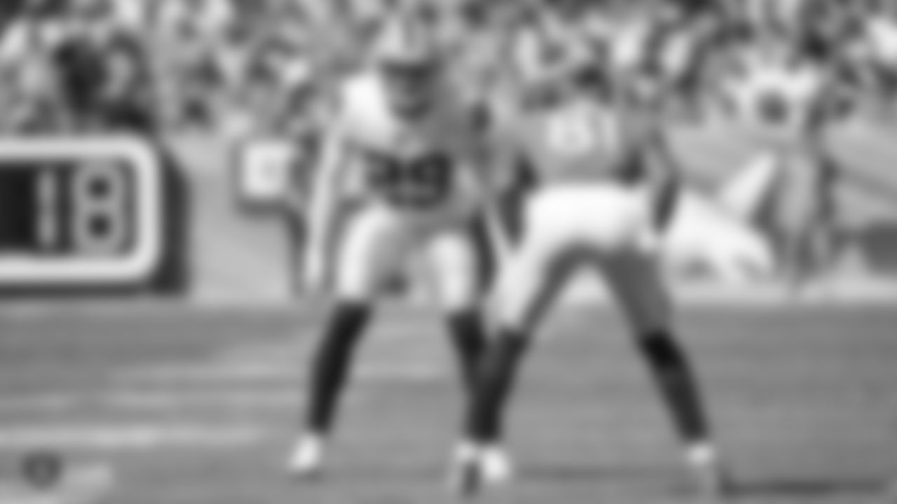 Raiders cornerback Leon Hall (29) during the Oakland Raiders regular season game against the Broncos in Week 2 at Broncos Stadium at Mile High, Sunday, September 16, 2018, in Denver, Colorado.