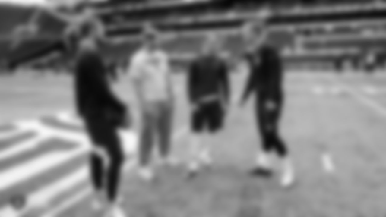 Raiders punter A.J. Cole (6), long snapper Trent Sieg (47), Chicago Bears kicker Eddy Piñeiro (15), and kicker Daniel Carlson (8) before the regular season game against the Chicago Bears at Tottenham Hotspur Stadium.