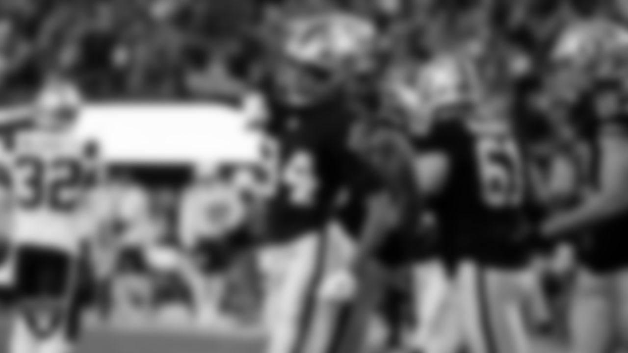 Las Vegas Raiders wide receiver Keelan Cole (84) celebrates after making a 30-yard touchdown catch during the regular season home game against the New England Patriots at Allegiant Stadium.
