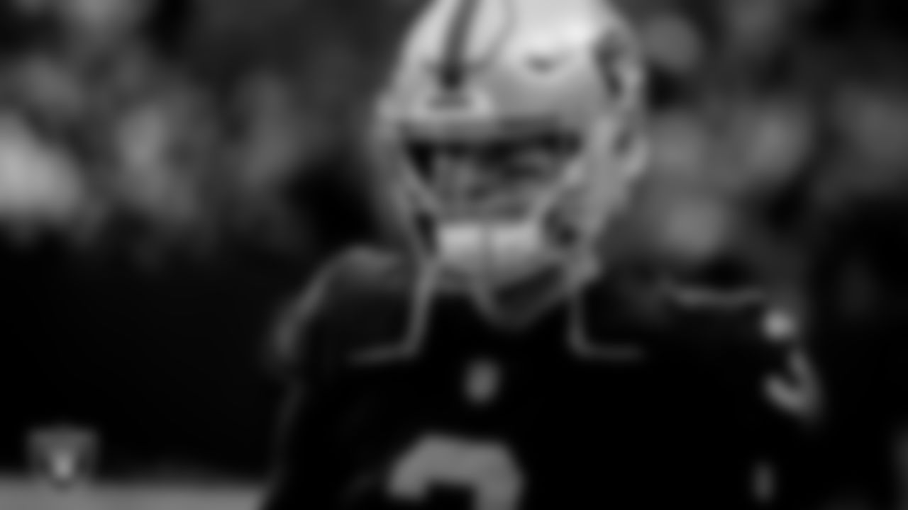 Las Vegas Raiders quarterback Jarrett Stidham (3) warming up before the regular season home game against the Houston Texans at Allegiant Stadium.