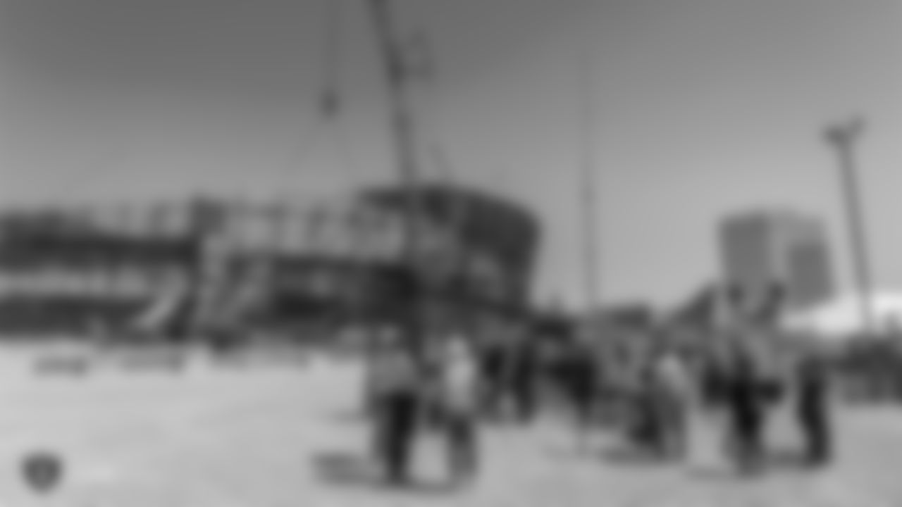 The Raiders Foundation, in partnership with Kline Veterans Fund, give three veterans a tour of the Las Vegas Stadium worksite before being surprised with their very own service dog, Wednesday, June 26, 2019, in Las Vegas, Nevada.
