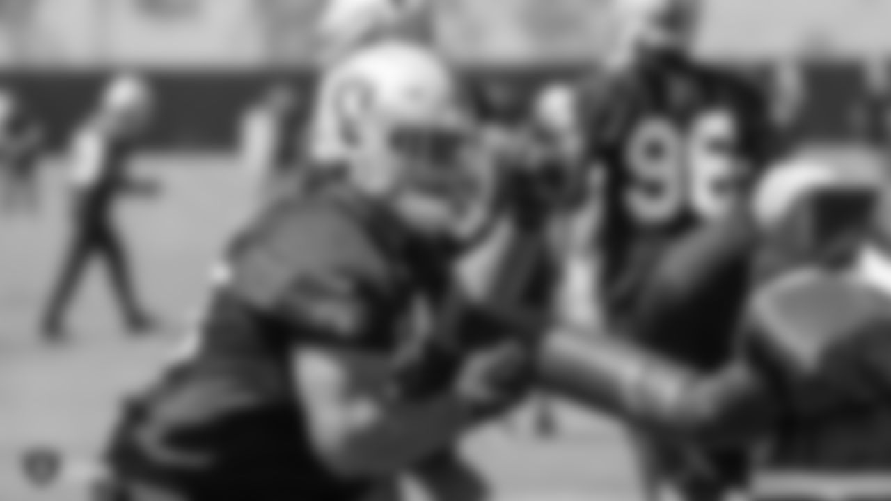 Raiders defensive tackle Eddie Vanderdoes (94) at an Organized Team Activity (OTA) at the Raiders Practice Facility in Alameda, Calif.