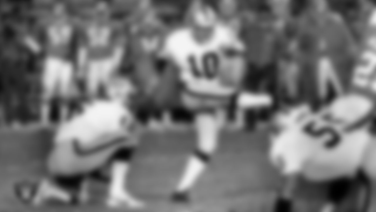 Los Angeles Raiders kicker Chris Bahr (10) kicks a game-winning 26-yard field goal in overtime of the regular season away game against the Denver Broncos at Mile High Stadium, Sunday, December 8, 1985, in Denver, Colo.