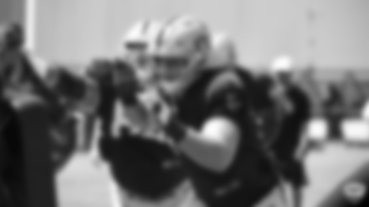 Raiders tackle Kolton Miller (74) on the field for practice at 2019 Training Camp.