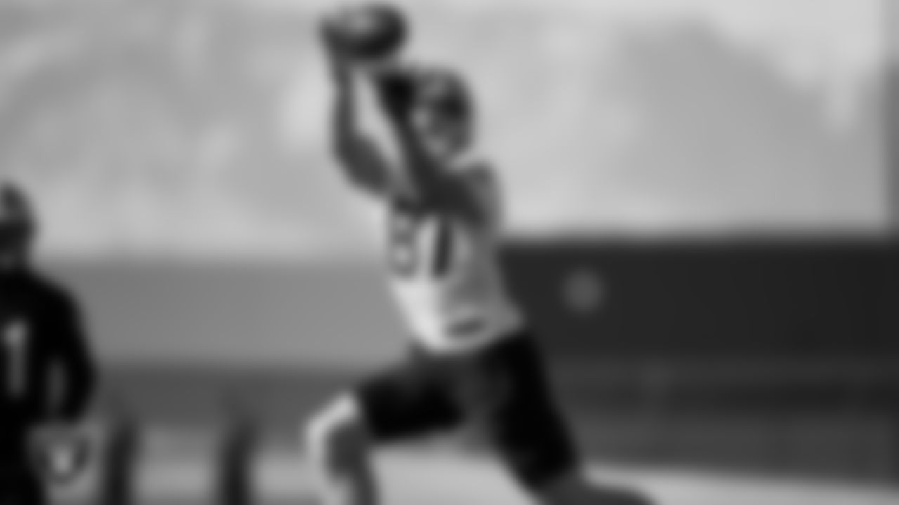 Las Vegas Raiders tight end Foster Moreau (87) during practice at Intermountain Healthcare Performance Center.
