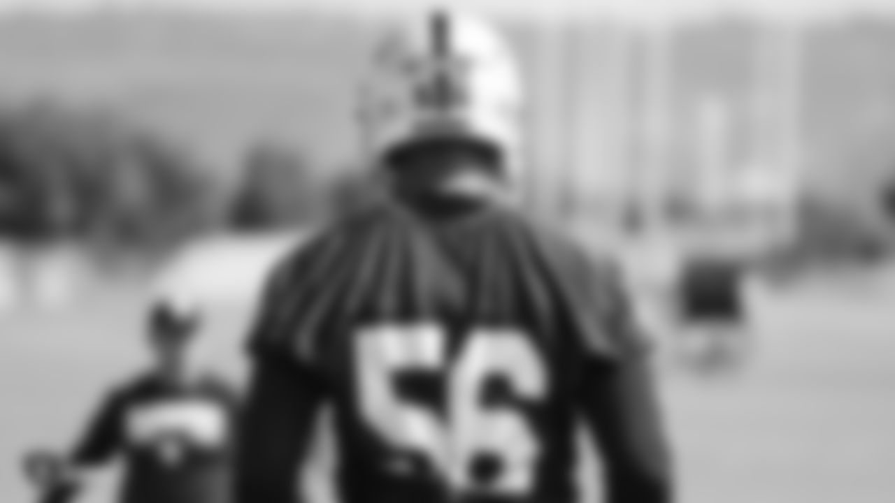 Oakland Raiders linebacker Derrick Johnson (56) on the field for practice at the Oakland Raiders Practice Facility, Friday, September 14, 2018, in Alameda, California.