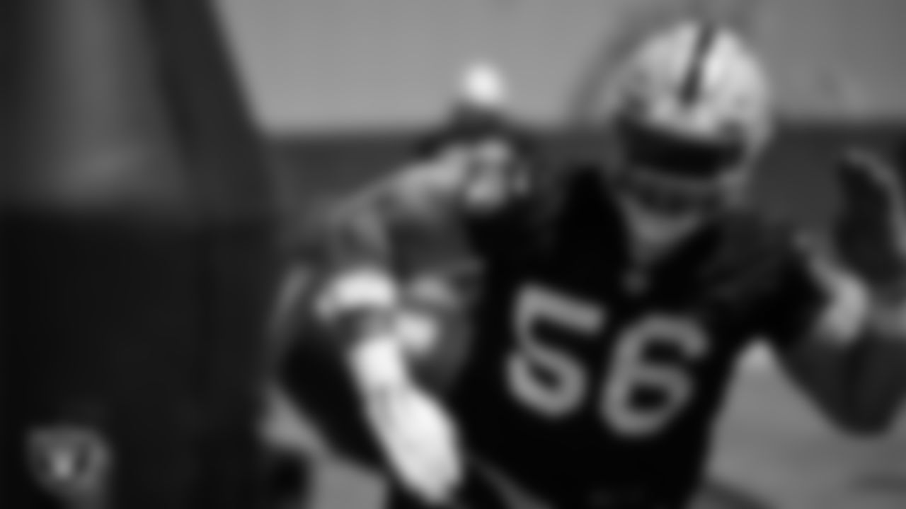 Las Vegas Raiders defensive tackle Matt Dickerson (56) at an Organized Team Activity (OTA).