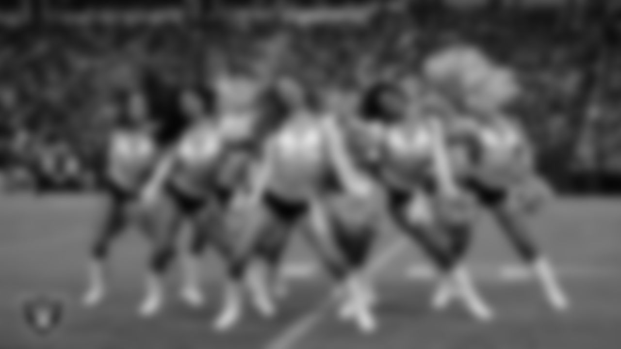 Line 4 of the Raiderettes performs on the field during the regular season home game against the Green Bay Packers at Allegiant Stadium.