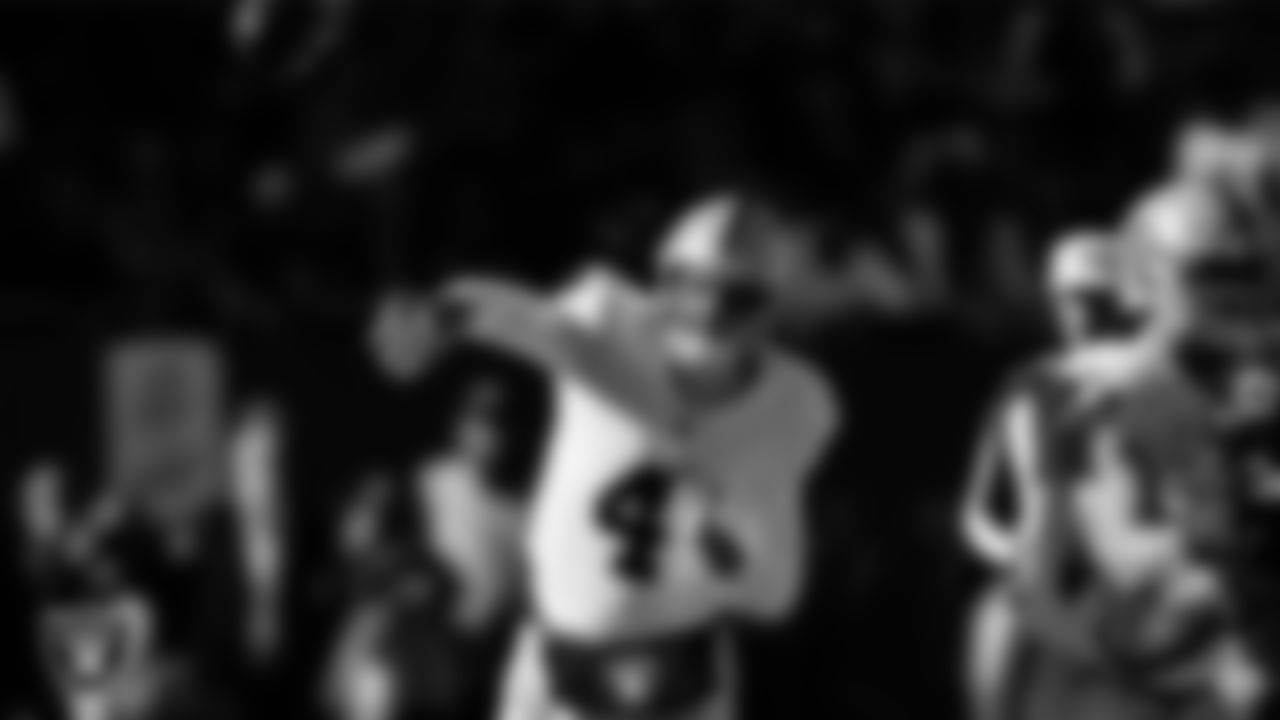Las Vegas Raiders quarterback Aidan O'Connell (4) during the regular season away game against the Chicago Bears at Soldier Field.