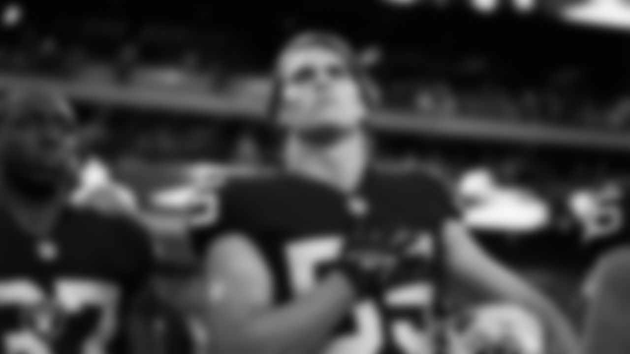 Las Vegas Raiders linebacker Tanner Muse (55) during the national anthem before the preseason home game against the Seattle Seahawks at Allegiant Stadium.