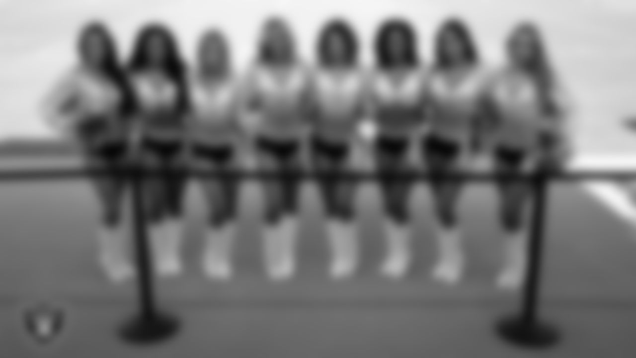 Raiderettes Kelsey, Cierra, Ashley, Camryn, Camille, Shayla, Meekela and Lilah before practice at 2023 Training Camp at Intermountain Health Performance Center.