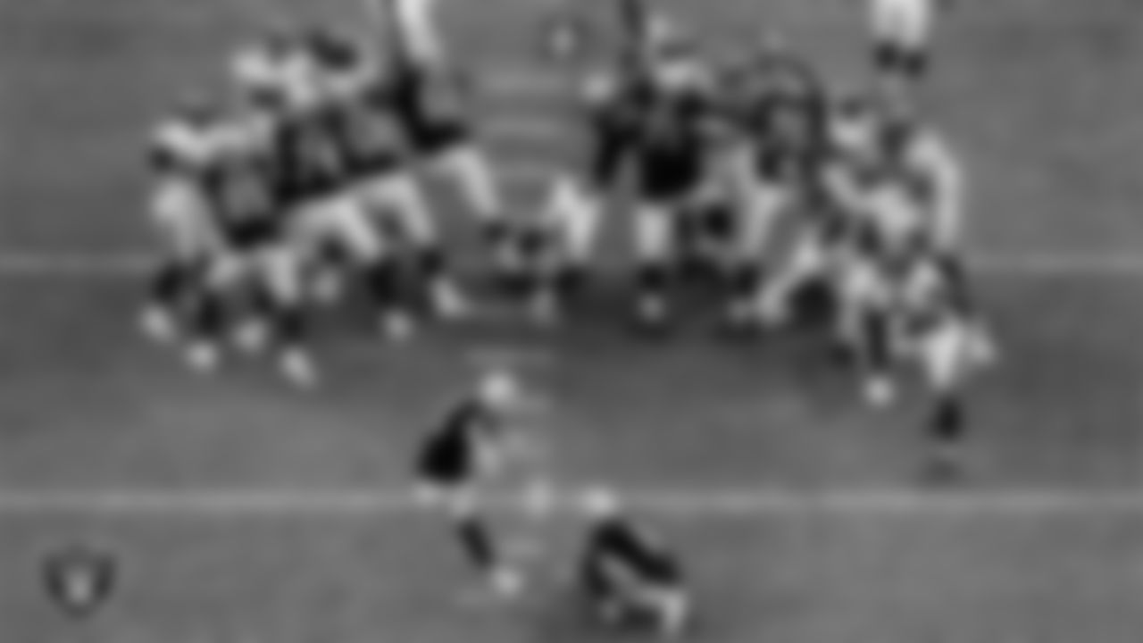 Las Vegas Raiders kicker Daniel Carlson (2) kicks a 42-yard field goal during the regular season home game against the Tampa Bay Buccaneers.
