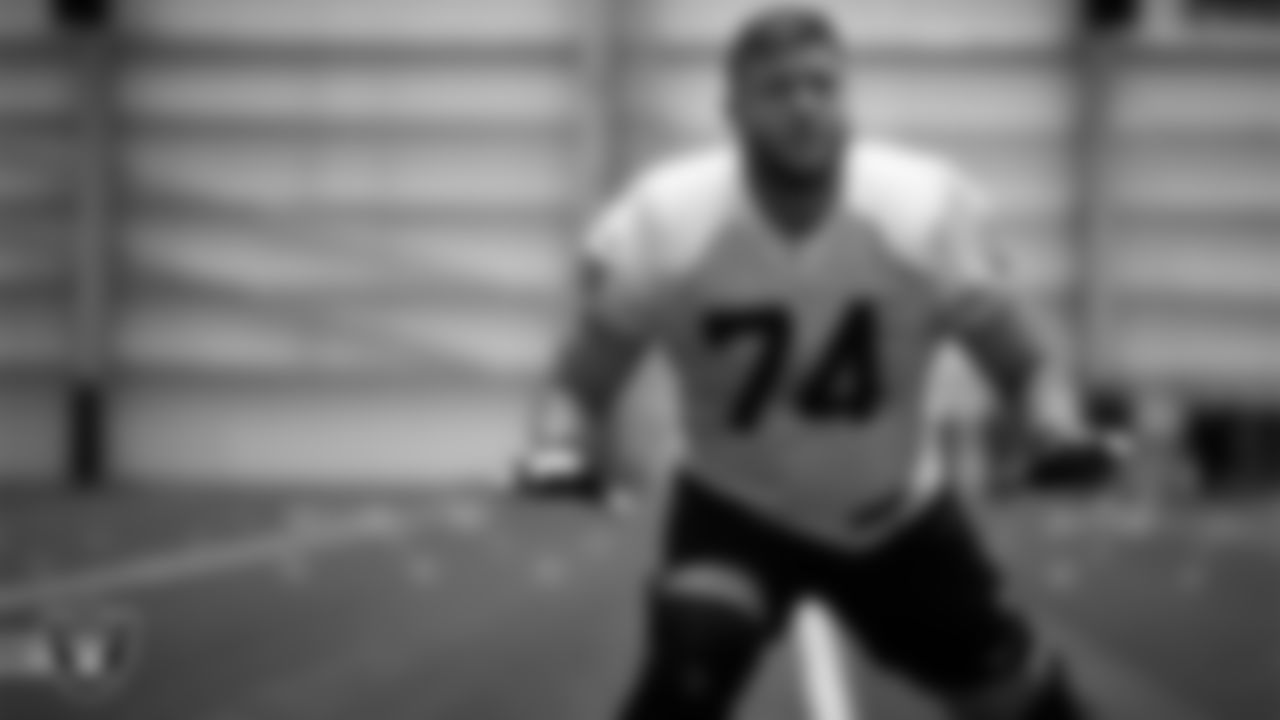 Las Vegas Raiders tackle Kolton Miller (74) on the field for practice at 2023 Training Camp at Intermountain Health Performance Center.