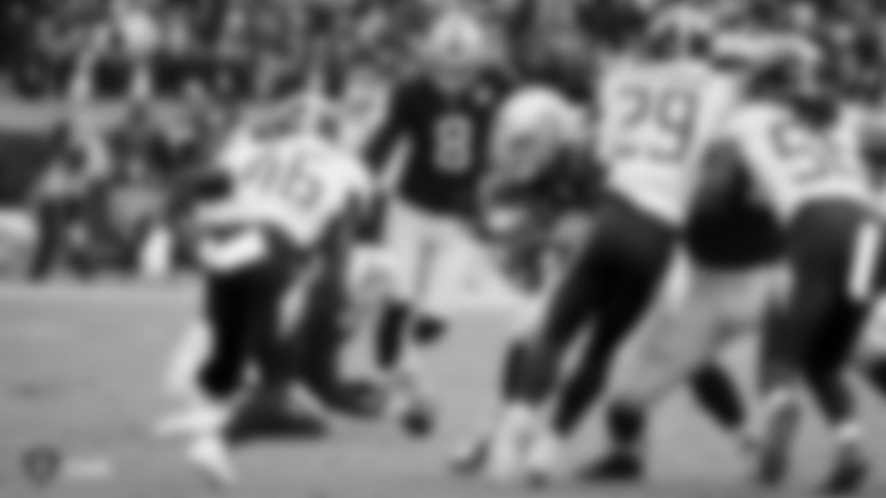 Raiders kicker Daniel Carlson (8) during the regular season game against the Tennessee Titans at the Oakland-Alameda County Coliseum.