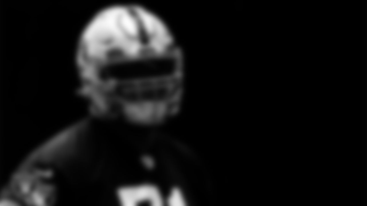 Las Vegas Raiders tackle Denzelle Good (71) during practice.