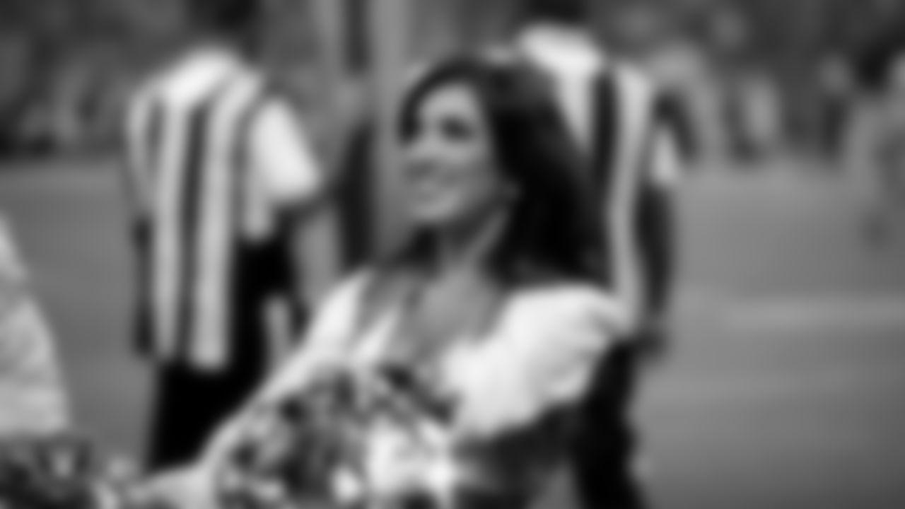 Raiderette Tatiana on the sidelines during the regular season home game against the Green Bay Packers at Allegiant Stadium.