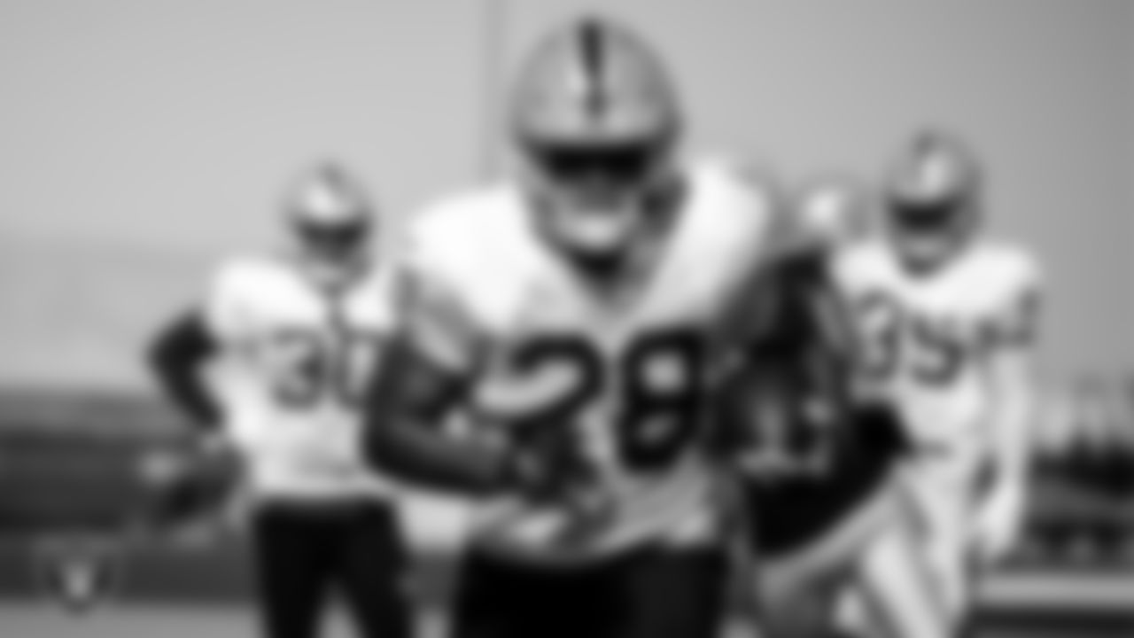 Las Vegas Raiders running back Josh Jacobs (28) during practice.