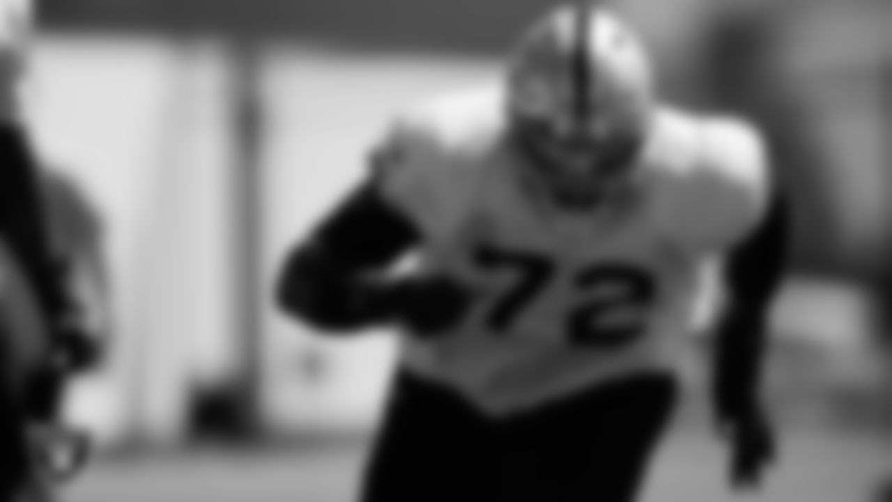 Las Vegas Raiders guard/tackle Jaryd Jones-Smith (72) on the field for practice at 2021 Training Camp.