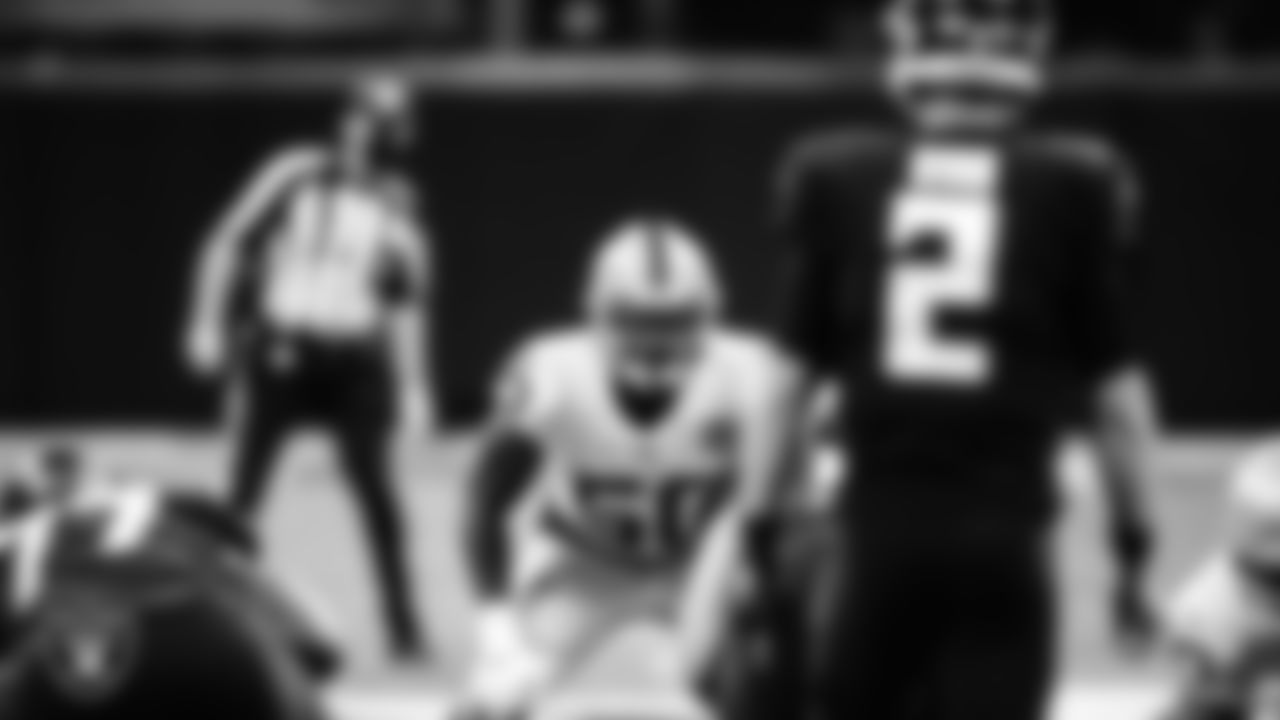 Las Vegas Raiders linebacker Nicholas Morrow (50) eyes the quarterback during the regular season away game against the Atlanta Falcons.