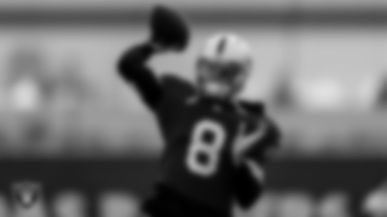 Las Vegas Raiders quarterback Marcus Mariota (8) during practice at Intermountain Healthcare Performance Center.